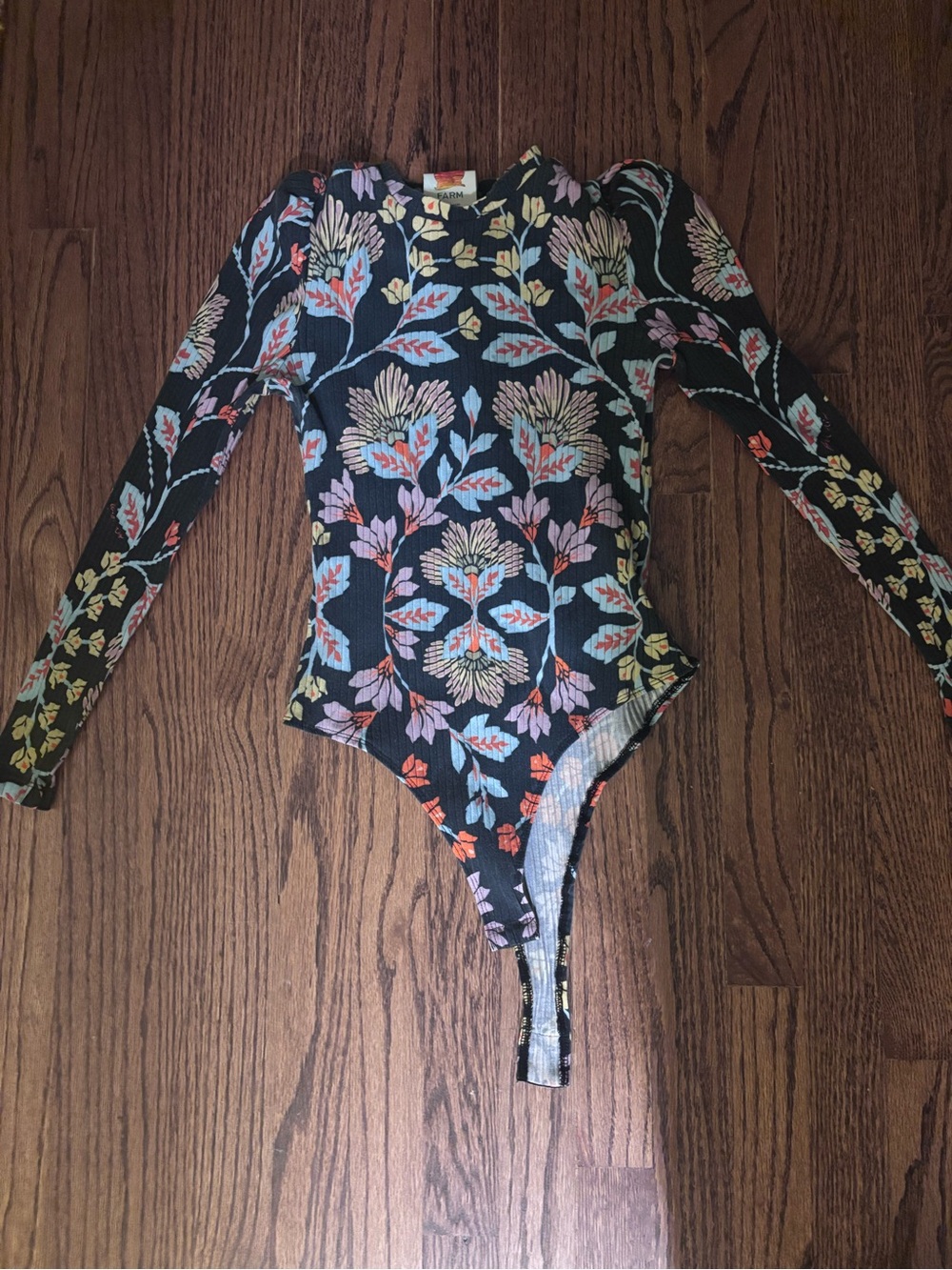 Farm Rio Floral Long Sleeve Ribbed Bodysuit Black Multicolor Size M